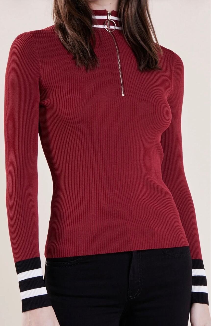 Maje Red Ribbed Knit Half Zip Sweater Top Size 2 Striped Mock Neck